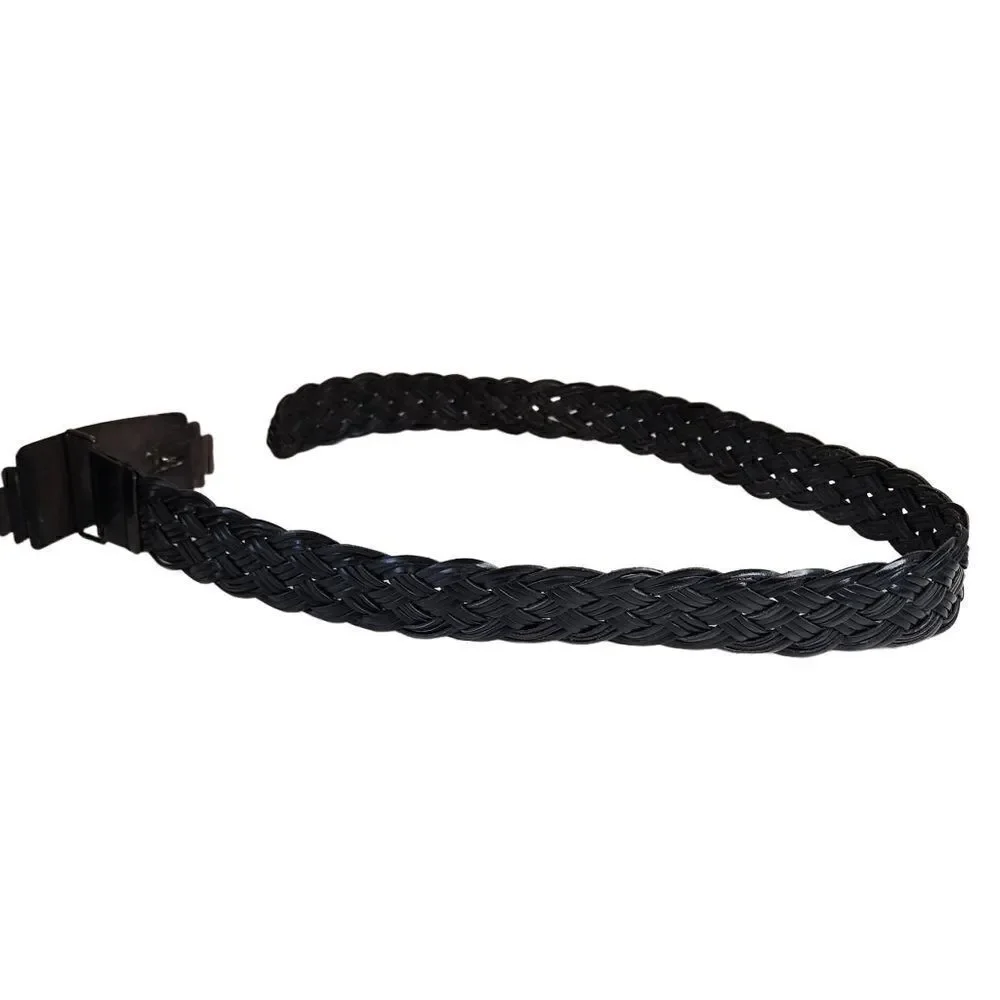 Chico’s- Black Braided Leather Ornate Rising Sun Big Buckle Medallion Belt, S/M